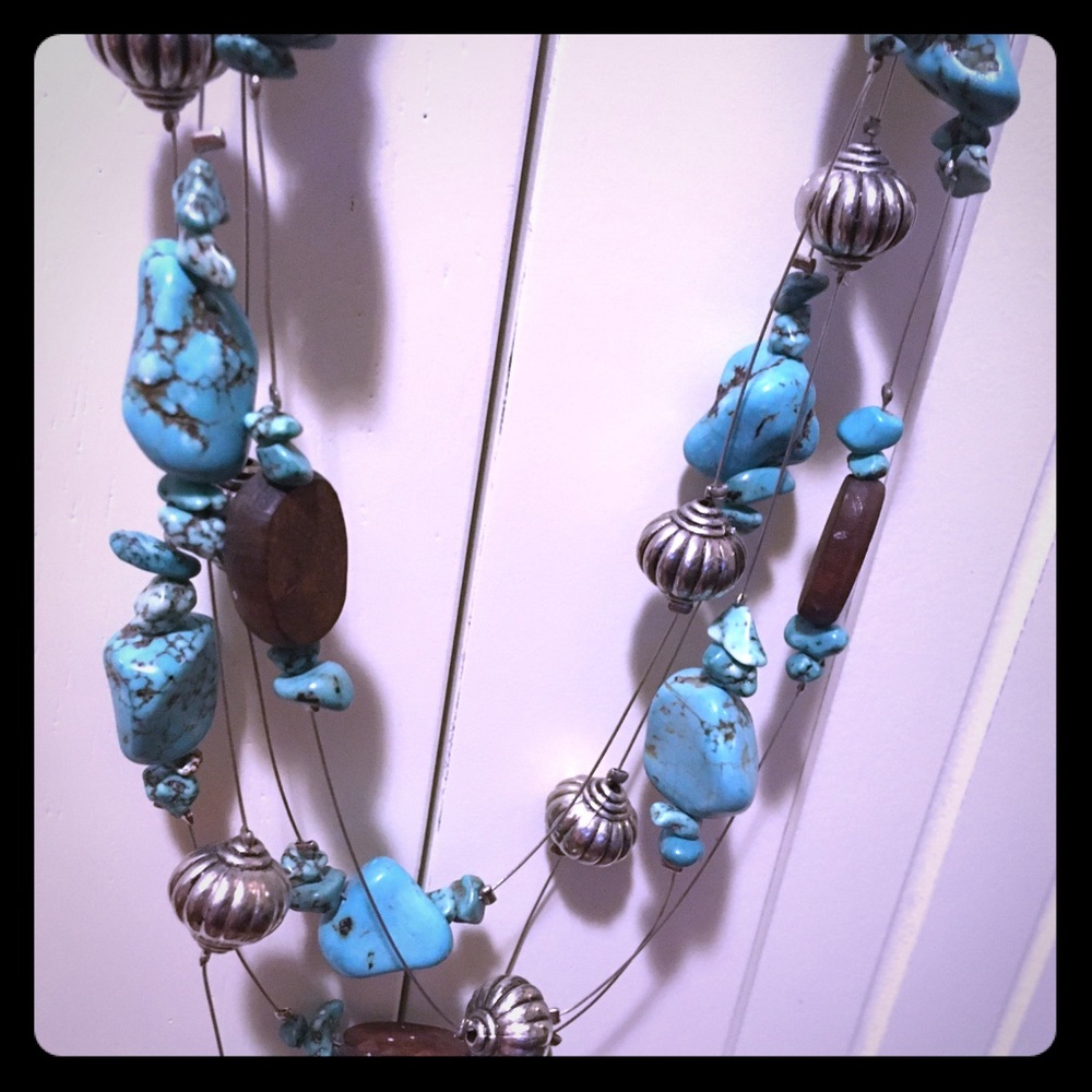 Necklace Turquoise silver blue wooden wood layers